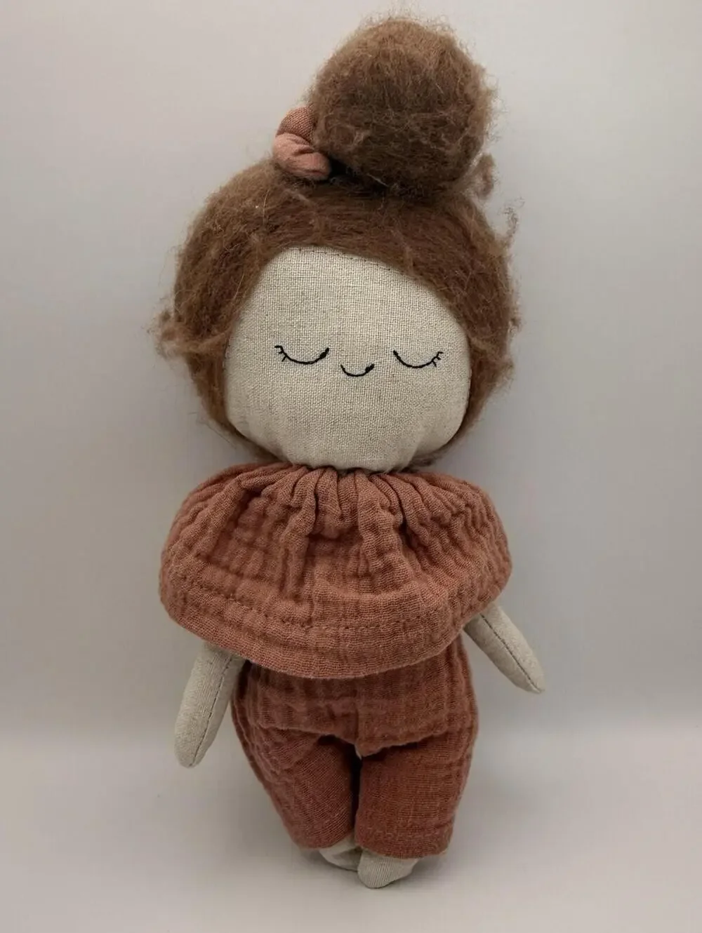 Anthropologie‎ Lele Lerele Girl Rag Doll with Bun Gaitex 9 Inch Pink Brown Hair